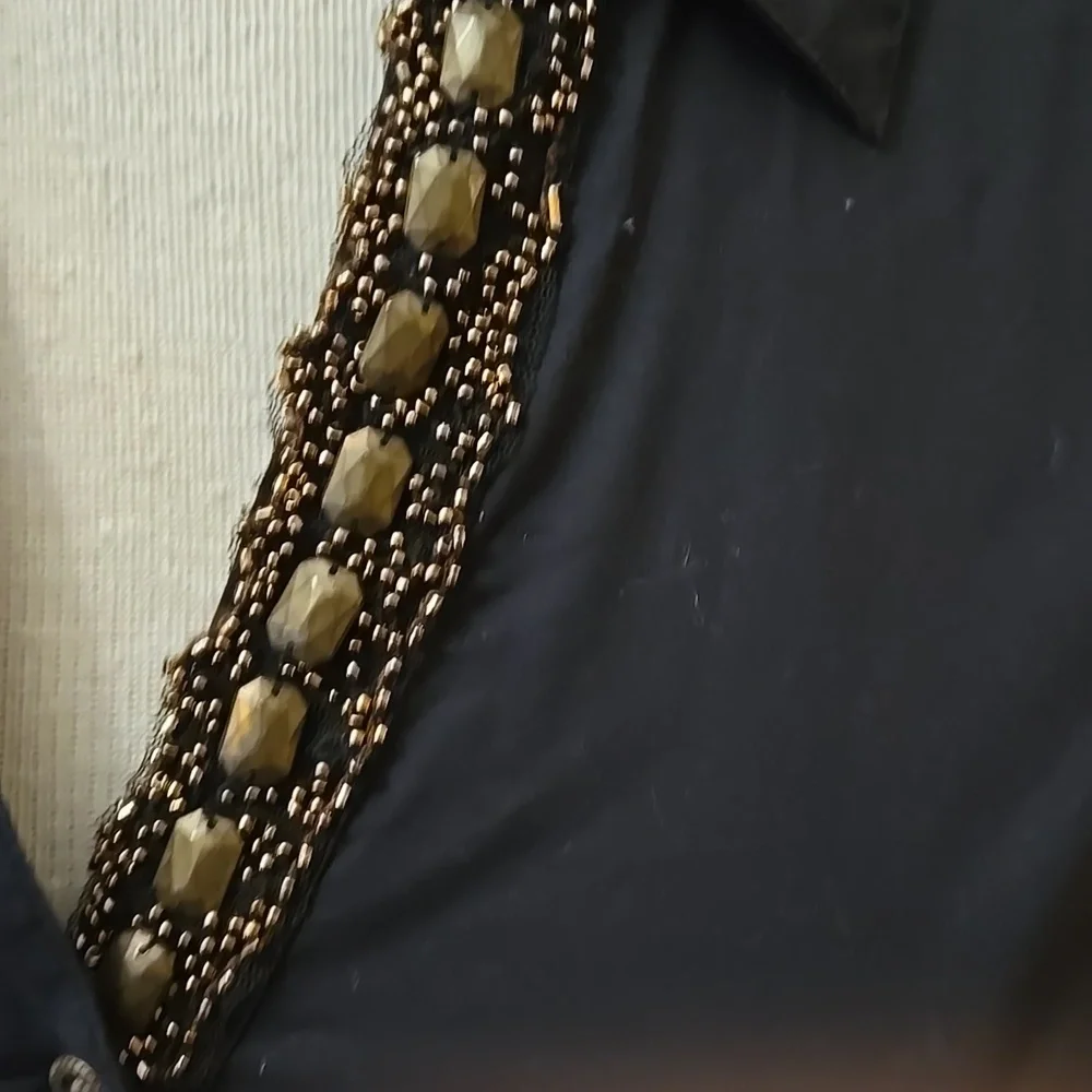 BKE BOUTIQUE Elegant Blouse W/ Black Lace Sleeve Beaded Neck/cuffs Stretch S EUC - Picture 2 of 9